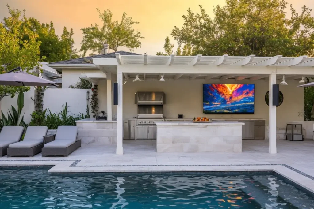Modern backyard pool with a covered pergola and integrated outdoor audio system designed to create an immersive outdoor living and entertainment experience.