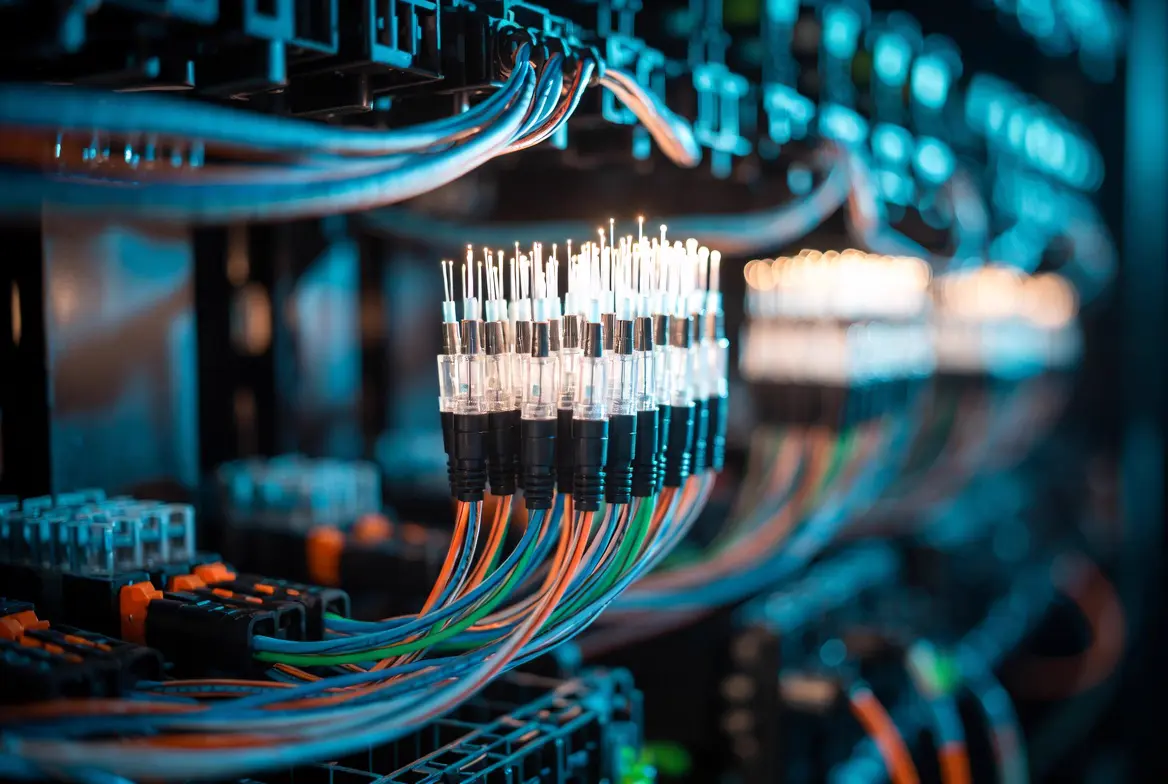 Fiber pulling installation in a commercial building, routing fiber optic cable through infrastructure to support high-speed network connectivity and reliable communications systems.