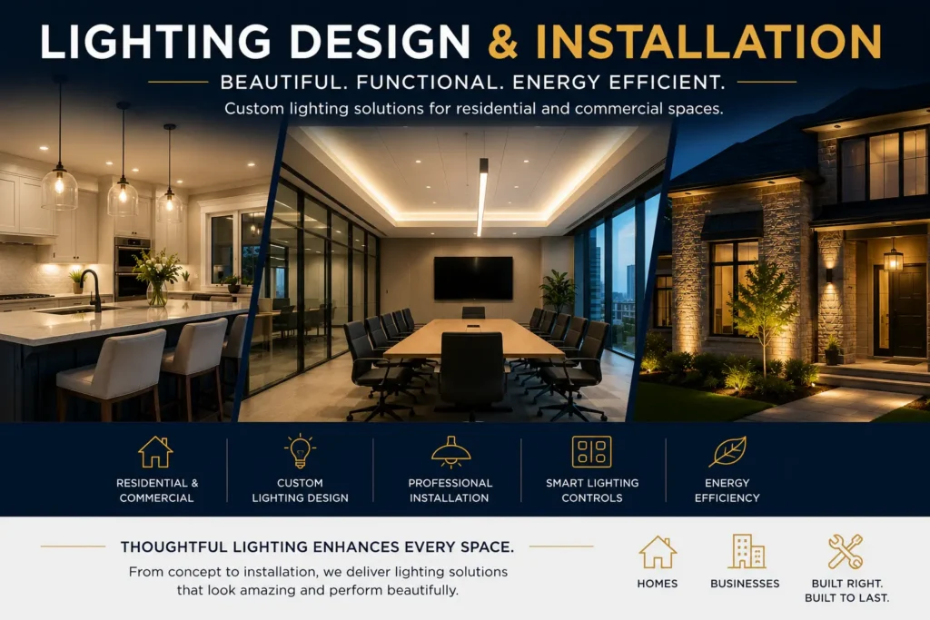 Custom residential and commercial lighting design and installation showcasing kitchen, office, and exterior architectural lighting by AVE Integration.