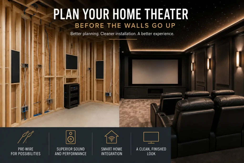 Home theater installation planned before construction with pre-wiring, surround sound, smart home integration, and a finished luxury media room.