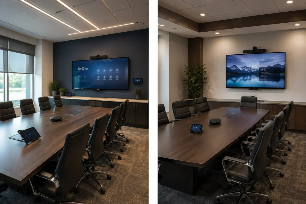 Modern conference room with integrated displays, video conferencing camera, microphones, speakers, and presentation technology for business meetings.