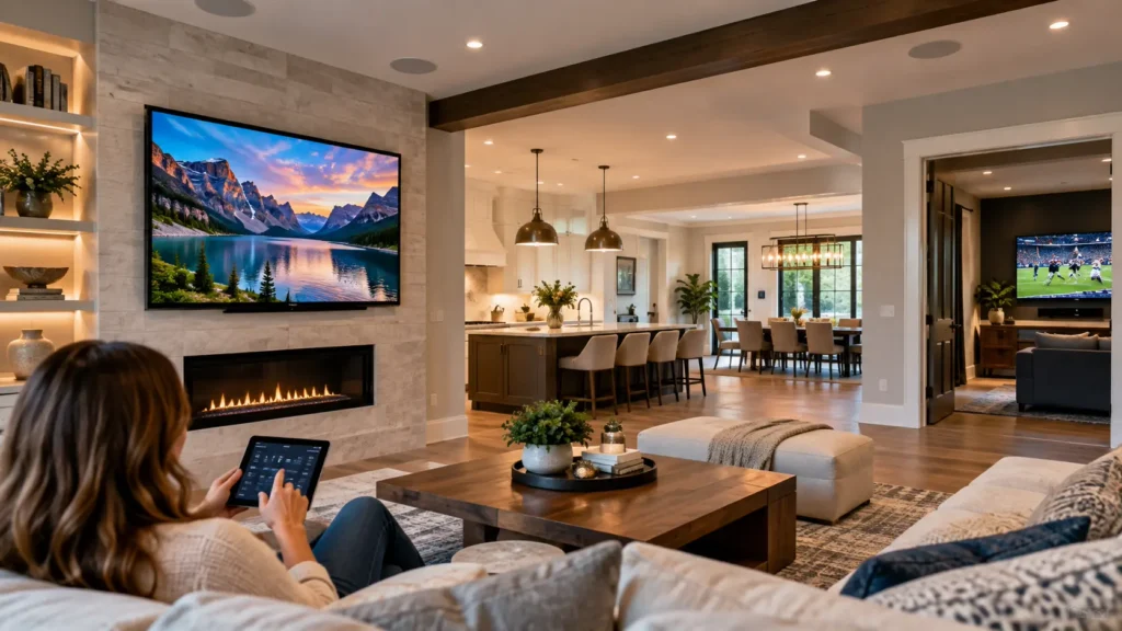 Modern home featuring multiple entertainment spaces with connected TVs, in-ceiling speakers and centralized smart-home control for whole-home audio and video distribution.