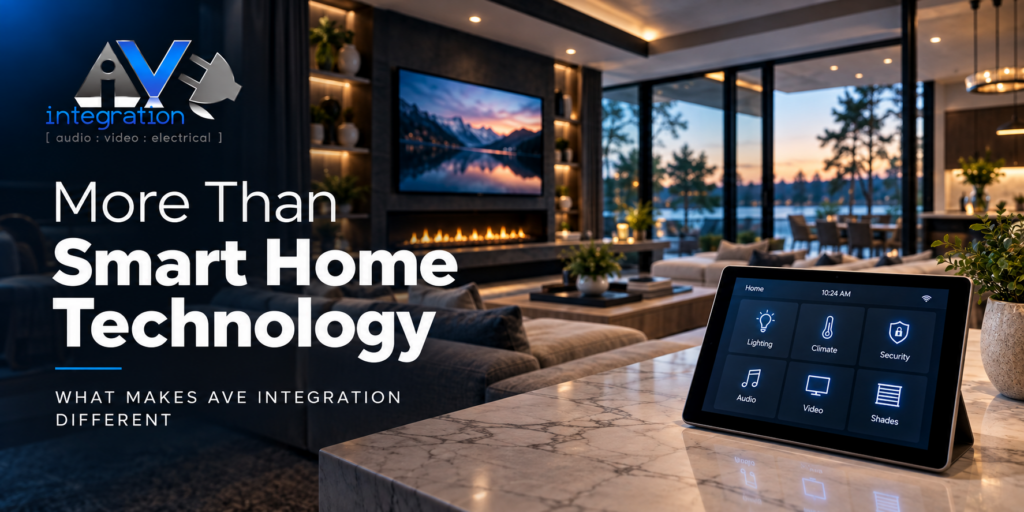 AVE Integration smart home technology featuring a luxury modern living room and touchscreen controls for lighting, climate, security, audio, video, and motorized shades.